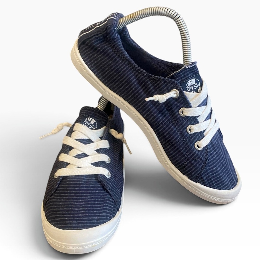 Roxy Surf Bayshore Navy Blue Striped Slip On Sneakers Womens 9 Casual Shoes 344L